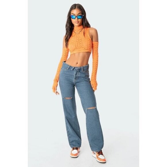 NWT Edikted Raquel folded jeans blue size M - Picture 1 of 8